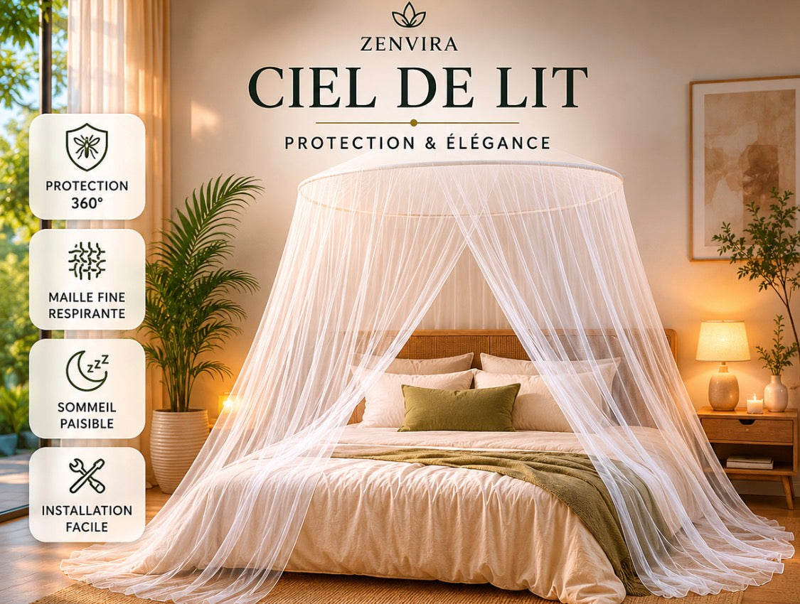 Ciel de lit Zenvira moustiquaire baldaquin blanc chambre